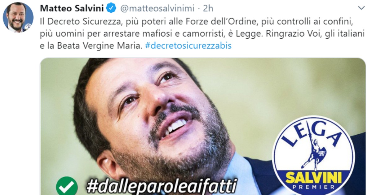 Salvini cita la Vergine Maria in relazione all'approvazione del decreto Sicurezza-bis